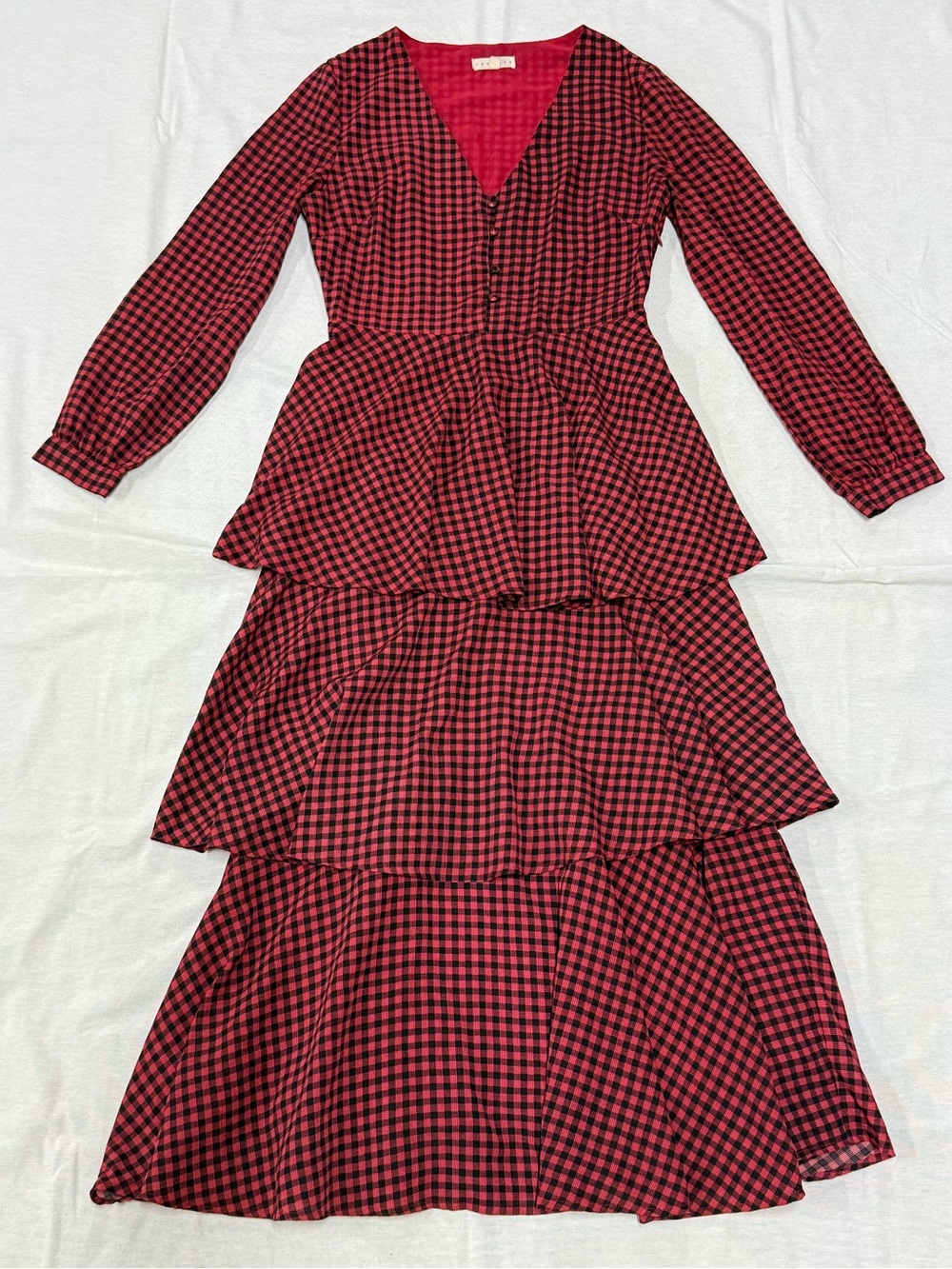 Promesa Red and Black Plaid Tiered Maxi Dress
